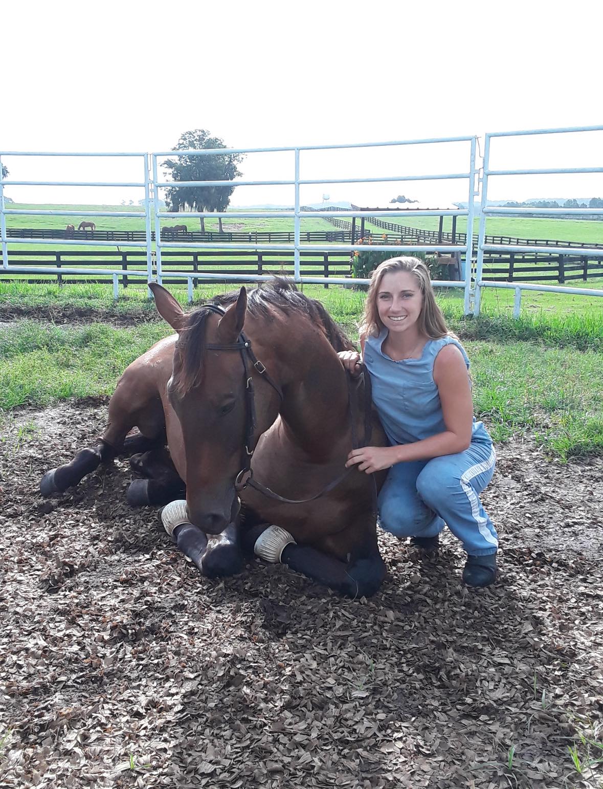 Woman in program posing with horse lying down outside